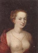 unknow artist A Young girl in a state of undress,wearing a burgundy mantle,and a gold chain and pendant France oil painting reproduction